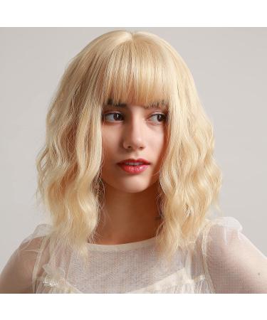 Pretfy Short Wave Blonde Bob Wig with Bangs | Gold Yellow Curly Wavy Hair Costume Cosplay Wig - Buy Online on GoSupps.com