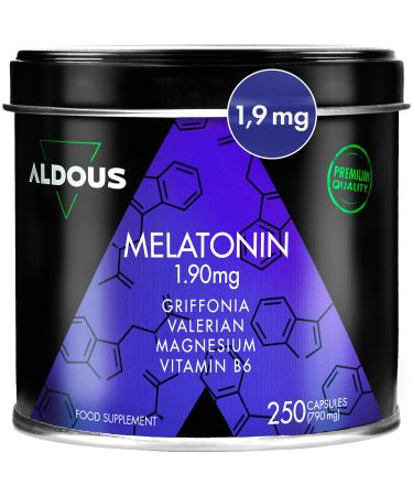 Melatonin 1.9 mg | 250 Capsules - 250 Nights | 5HTP Magnesium Valerian Vitamin B6 | Sleep Sleep Better | Insomnia | No Sweeteners or GMOs Plastic Free | Made in EU