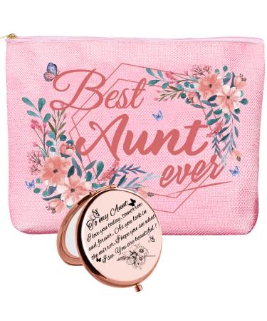 HnoonZ Best Aunt Ever Gifts Best Aunt Makeup Bag Aunt Compact Mirror Birthday Gifts for Aunt Aunt Cosmetic Bag Aunt Gift Aunt Gifts from Niece Auntie Gifts Aunt Bday Gift from Niece Gifts for Aunt