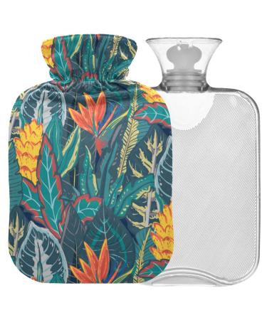 NAANLE hot water bottle with lid jungle plants Palm leaves Transparent hot water bottle 2l large hot hot water bottle for menstrual cramps pain relief handfoot heat and cold therapy