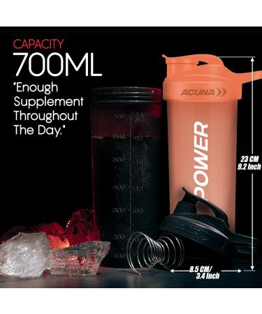 ACUNA POWER Shaker Bottle For Protein Powder 700 ml (Pack Of 2) | BPA Free Leakproof Screw On Lid Secure Drink Flip Cap Sports Gym Supplement Protein Shake Bottle (Metallic Black - Tangy Orange) 700 ML Black - Tangy Orange - Buy Online on GoSupps.com