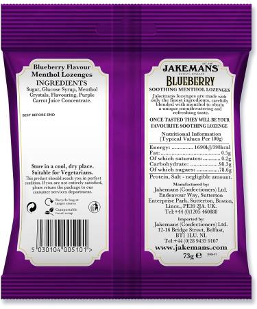 Jakemans Blueberry 73g - Pack of 12 - Soothing Menthol Sweets - Suitable for Vegetarians - Buy Online on GoSupps.com