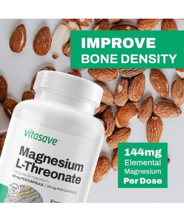 Vitasave Magnesium L-Threonate | 144mg Elemental Magnesium | Super Absorption - Energy Metabolism - Supports Muscle Function | Non-GMO Vegan-Friendly 120 Capsules per Bottle - Made in Canada - Buy Online on GoSupps.com