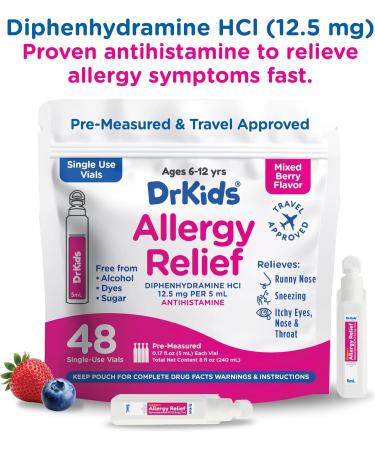 Dr. Kids Children's Allergy Relief Medicine with Diphenhydramine HCl 12.5 mg - Pre-Measured Single-Use Vials Kids Antihistamine for Sneezing Runny Nose & Itchy Eyes Mixed Berry Flavor 48 Count - Buy Online on GoSupps.com