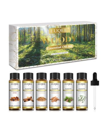 EUQEE Woody Essential Oils Set Pure Natural Aromatherapy Essential Oils for Diffuser for Home Eucalyptus Cedarwood Sandalwood Frankincense Cinnamon Myrrh - 6 x 10ml White