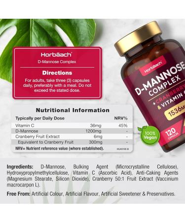 D-Mannose and Cranberry Capsules 1536mg | UTI Relief + Vitamin C | 120 Vegan Capsules | No Preservatives - Horbaach - Buy Online on GoSupps.com