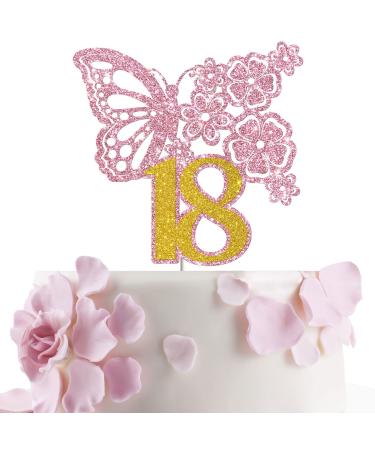 Tenhaisi Pink & Gold 3D Butterfly Flower Sign 18 Cake Topper - Happy 18th Birthday/Anniversary Party Decoration 3D Cake Topper- Girls 18th Birthday Party Supplies