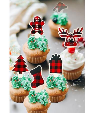 TSJ 24 PCS Christmas Cupcake Toppers Cake Decorations Xmas Cupcake Picks Christmas Party Decorations Red Black Grid - Buy Online on GoSupps.com
