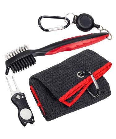Golf Towel Microfiber Waffle Pattern Golf Towel | Club Groove Cleaner Brush | Foldable Divot Repair Tool with Magnetic Ball Marker, 3 in 1 Golf Cleaning Tool Set, Gifts for Men, Women, Children