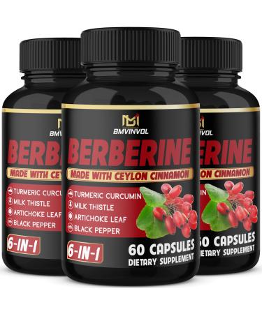 (3 Packs) Berberine Supplement Plus Ceylon Cinnamon Milk Thistle Turmeric Artichoke Leaf Black Peppe - 6 Month Supply - 180 Capsules Total
