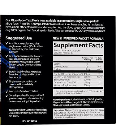 Aurora Nutrascience, Micro-Pack Liposomal exoFlex+ Vitamin C, Joint Support, Eggshell Membrane with BiovaFlex, Curcumin, & Boswellia, 30 Single-Serve Packets - Buy Online on GoSupps.com