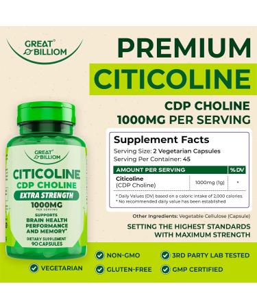 Great Billiom Citicoline CDP Choline 1000mg - Extra Strength Brain Supplements for Memory and Focus, Choline Supplements - Non-GMO Nootropic with Acetylcholine Support - 90 Vegetarian Capsules - Buy Online on GoSupps.com