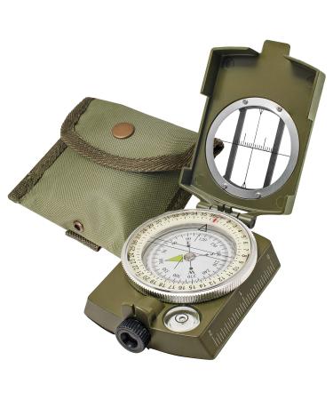 Lensatic Military Compass for Hiking - Tritium Compass Military Grade Style Camping Backpacking | Tactical Army Compass Survival Navigation | TurnOnSport Waterproof Sighting Compass with Pouch Green