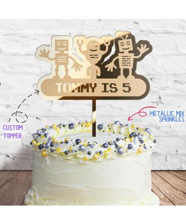 Cakeshop Cake Decoration Pack | Robot Alien Birthday Premium 3mm Mirror Acrylic Plastic Cake Topper Sign & 25g Party Pack of Cake Sugar Sprinkles | Custom Name & Age Cake Decorations (Gold) Non-Prime Mirror Acrylic: Gold - Buy Online on GoSupps.com