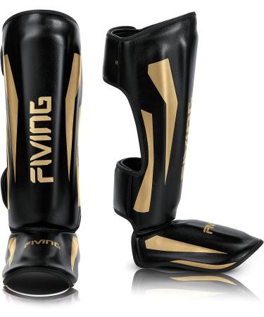 FIVING Martial Arts Shin Guards - Microfiber Leather, Adjustable Leg Protection for Muay Thai, Kickboxing, MMA - Black-Gold, Large - Buy Online on GoSupps.com