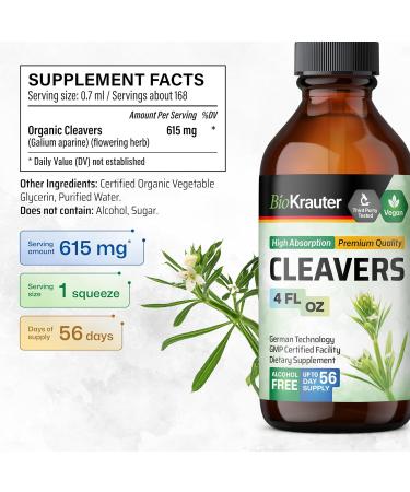 BIO KRAUTER Cleavers Tincture - Cleavers Herb Liquid Extract - Natural Detox - Alcohol and Sugar Free - Vegan Extract 4 Fl.Oz. 4 Fl Oz (Pack of 1) - Buy Online on GoSupps.com