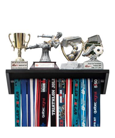 Paisa Home - Medal Hanger & Trophy Shelf- Use as a Medal Display with Shelf, Trophy Rack, Medal Holder and Medal Display Hanger, Race Medal Display and Medal Hanger with Shelf Black