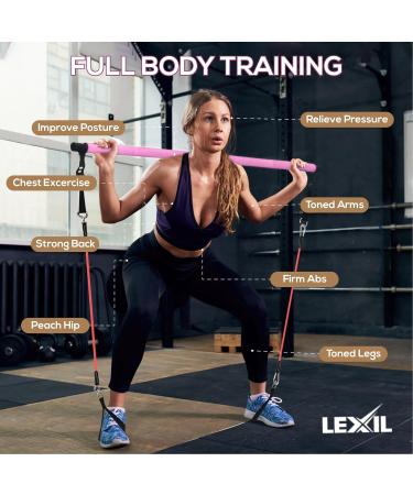 Lexil Portable Pilates Bar Exercise Set - Stackable with 3 Resistance Bands (15 20 13.6 kg) - Home Fitness Device for Men & Women | Body Toning Workout Set with Fitness Video - Pink - Buy Online on GoSupps.com