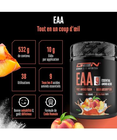  GEN GERMAN ELITE NUTRITION EAA Powder 532g (38 servings) - All 9 essential amino acids including histidine & BCAAs - Human Code formula - Vegan - Very good solubility - Refreshing amino acid drink (Peach Iced Tea) - Buy Online on GoSupps.com