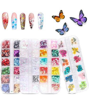 48 Colors Dried Flowers Nail Art Butterfly Glitter Flake 3D Holographic, Tufusiur Dry Flower Nails Sequins Acrylic Supplies Face Body Gifts for Decoration Accessories & DIY Crafting