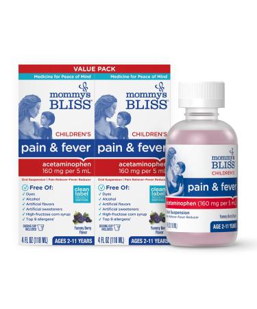 Mommy's Bliss Children's Pain and Fever Reducer Kids Acetaminophen Dye Free Delicious Mixed Berry Flavor Ages 2+ 4 Fluid Ounces (Pack of 2) 8 Fl Oz (Pack of 2)