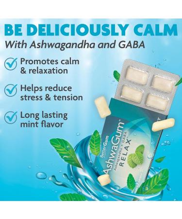 AshwaGum RELAX Gum by BetterGum High Potency Supplement with KSM 66 Ashwagandha and Gaba Supports Stress and Anxiety Relief Cortisol Support Alternative to Gummies Sugar-Free 10 Pieces - 6 Pack - Buy Online on GoSupps.com