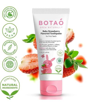 BOTAO Baby Natural Strawberry Flavored Toddler Toothpaste - Fluoride Free, EWG Verified, Vegan, SLS Free, Safe to Swallow - Aloe Vera, Calendula, Xylitol 1.7oz - Buy Online on GoSupps.com