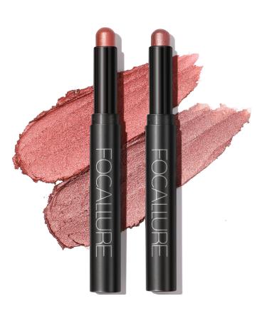 FOCALLURE 2 Pcs Shimmer Cream Eyeshadow Stick Brightener Eyeshadow Pencil Crayon Highlighter Eye Shadow Stick Sets with Crease-proof Formula Long Lasting Waterproof Eye Shadow Make Up Starring Rose