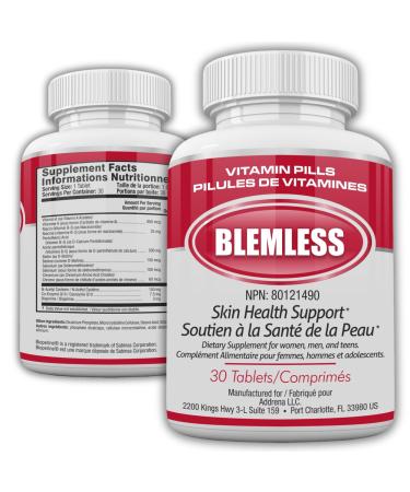 Blemless 30ct Tablets- Designed as Clear Skin Supplement Pills for Oily Skin & Blemishes for Women Men and Adults