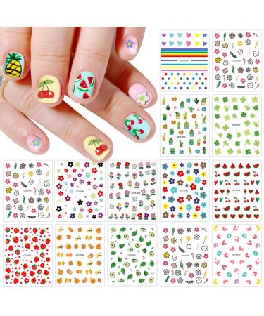JMEOWIO 16 Sheets Cute Nail Stickers for Kids Nail Art Stickers Decals Self-Adhesive Pegatinas U as Fruit Flower Strawberry Nail Supplies Nail Art Design Decoration Accessories