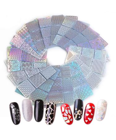 144 Pieces 72 Designs Holographic Nail Vinyl Stencils Sticker 24 Sheets Dual Use Reusable Nail Art Decoration Decals Set French Tip Fringe Guides