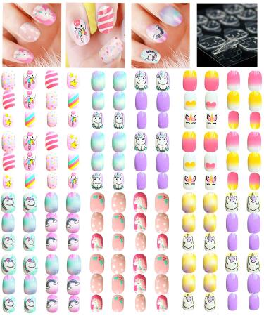 144pcs False Nails Press on Nails for Kids - Self-Adhesive Unicorn Short Fake Artificial Full Cover Nail Art Kits Transation with Nail Glue Tabs for Girls Children