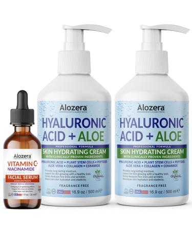 Alozera Hyaluronic Acid Body Lotion (2-Pack) and Vitamin C Serum with Niacinamide and Ferulic Acid Hydrating and Revitalizing Skincare Duo for Face, Neck and Body, Lightweight, Fragrance-Free, Made