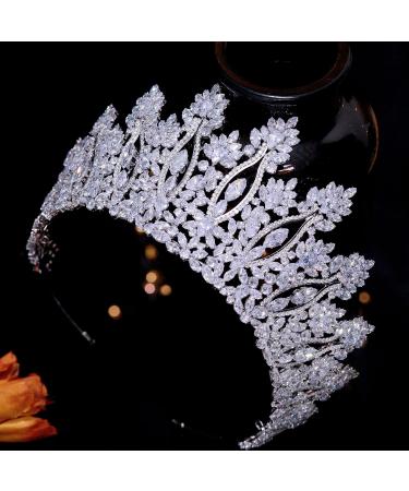 Aoligrace Luxury Tall Cubic Zirconia Tiara for Women - CZ Pageant Birthday Headpiece | Bridal Hair Accessory - Silver - Buy Online on GoSupps.com