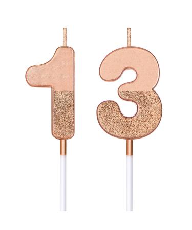BBTO 13th Birthday Candles Glitter Cake Numeral Candles 13th Birthday Cake Topper Decoration for Birthday Wedding Anniversary Celebration Favor, Rose Gold