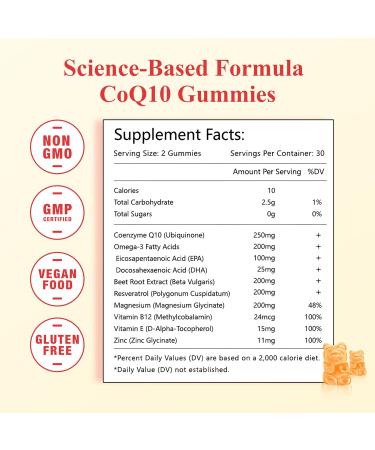 2 Pack CoQ10 Gummies 250mg with Omega-3 Vitamin B3 Zinc & Magnesium | High Absorption Antioxidant Supplement - 120 Orange Flavored Gummies - Buy Online on GoSupps.com