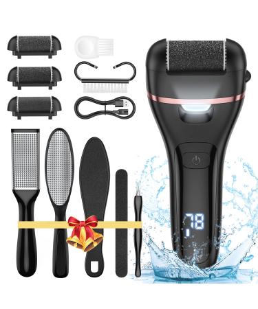 Electric Callus Remover for Feet, Rechargeable Foot File Pedicure Tools,12 in 1 Pedicure Kit for Cracked Heels Calluses Dead Skin,Pedi Foot Scrubber with 3 Roller Heads,2 Speed,Battery Display Black