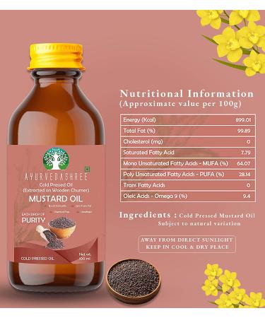 AYURVEDASHREE Cold Pressed Mustard Oil 3.38 fl oz - 100% Pure & Natural, Unrefined, Non-GMO - Buy Online on GoSupps.com