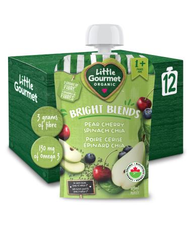 Baby Gourmet Little Gourmet Organic Bright Blends Baby Food Pouches - Pear Cherry Spinach Chia - No Added Sugar or Salt Non GMO No Fillers - (113ml) 12-Pouches Marron Pear Cherry Spinach Chia 113ml - 12 Pouches
