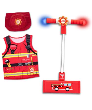 Flybar Pogo Hopper Pretenders Firefighter Role Play Costume Set- Includes Fire Hat and Vest, Fire Pogo Hopper with Siren and Flashing Lights - Indoor and Outdoor Fun for Ages 3 and Up Fireman