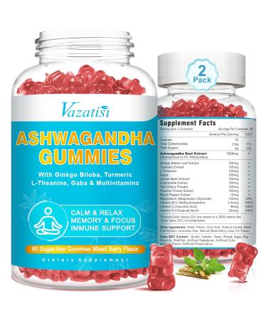 2 Pack Ashwagandha Gummies with Turmeric GABA Mood Energy and Immune Support Mixed Berry Flavor 120 Cts Mixed Berry 60 Count (Pack of 2)