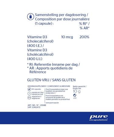 Pure Encapsulations Vitamin - D3 400 IE - Essential for Botmetabolism Immuunsysteem het Calciummetabolism and Werking van de Spieren - 60 Capsules - Buy Online on GoSupps.com