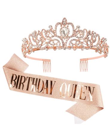 Casoty Birthday Queen Sash & Rhinestone Tiara Set  Rose Gold Birthday Crowns for Women with Comb  Happy Birthday Queen Tiara for Women  Birthday Tiara for Women  Birthday Sash and Tiara for Women