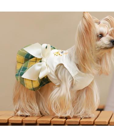 Fitwarm Amazing Floral Dog Dress for Small Dogs - Daisy Sleeveless Puppy Sundress in Green Yellow Plaid - Summer Cat Apparel - 100% Cotton - Buy Online on GoSupps.com