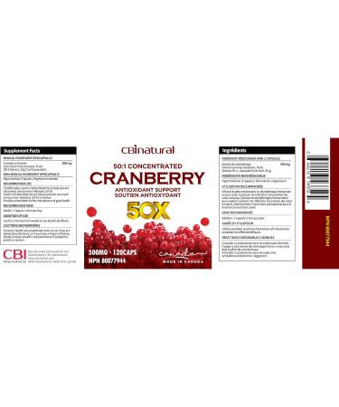 CBI Natural Cranberry 50:1 Extract 500mg (25,000 mg Equivalent of Fresh Cranberries) 120 Vegan Capsules, Urinary Tract & Kidney Support, 4-Month Supply, Non-GMO, Gluten Free - Buy Online on GoSupps.com