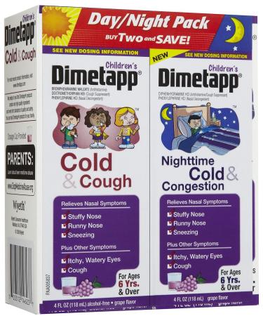 Children's Dimetapp Day & Night Cold & Cough Nighttime Cold & Congestion -Stuffy Nose Runny Nose Sneezing Itchy & Watery Eyes Cough -Alcohol-Free -Grape Flavor -Liquid Syrup-8oz total