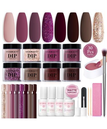 AZUREBEAUTY Dip Powder Nail Kit Starter Glitter Purple Nude Brown 8 Colors 30 Pcs with Nail Swatch Sticks Dipping Powder Liquid Set Matte Top Coat for Fall Winter Nail Art Manicure Salon DIY Home Glitter Brown Purple