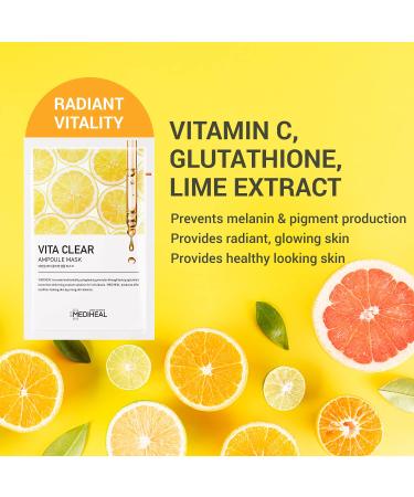Mediheal Vita Clear Ampoule Mask 10Pack - Vitamin C Radiant Face Mask for Dull Skin - Lime Extracts and Glutathione - Melanin Control - Reduces Pigmentation - Tencel Sheet - Buy Online on GoSupps.com