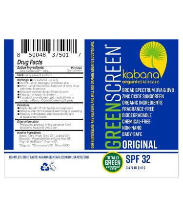Green Screen Reef Safe Sunscreen - SPF 32 Zinc Oxide 91% Organic Vegan TSA Compliant Broad Spectrum Unscented Non-Greasy 3.4 fl oz - Buy Online on GoSupps.com