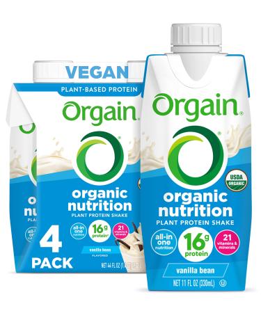Orgain Organic Vegan Plant Based Nutritional Shake, Vanilla Bean - Meal Replacement, 16g Protein, 21 Vitamins & Minerals, Dairy Free, Gluten Free, Packaging May Vary, 11 Fl Oz (Pack of 4) Vanilla Vegan Nutrition Shake 11 Fl Oz (Pack of 4)